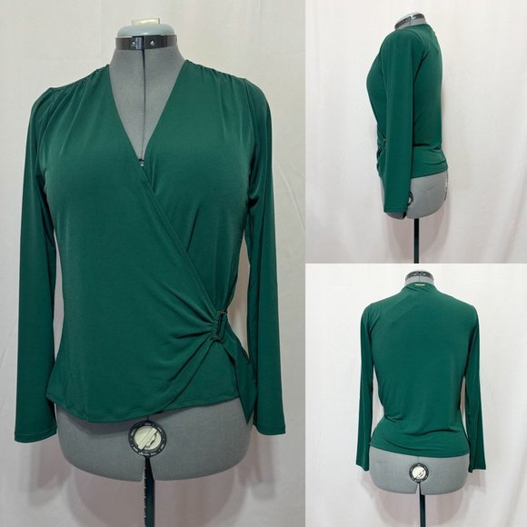 Michael Kors Tops - Michael Kors NWT Sz M Dark Emerald V Neck Faux Wrap Long Sleeve Top